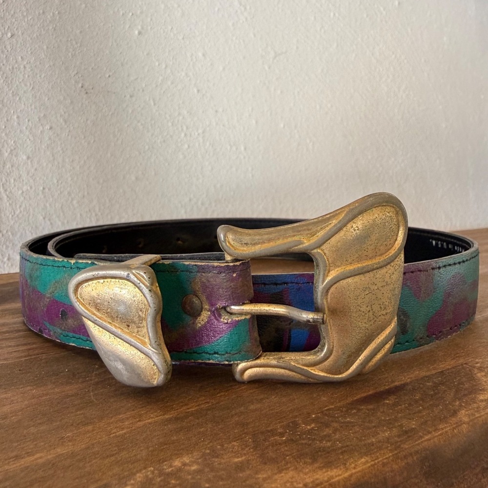 Vintage Abstract Art‎ Leather Belt 36" Purple Teal Brass Tone Buckle Made in USA